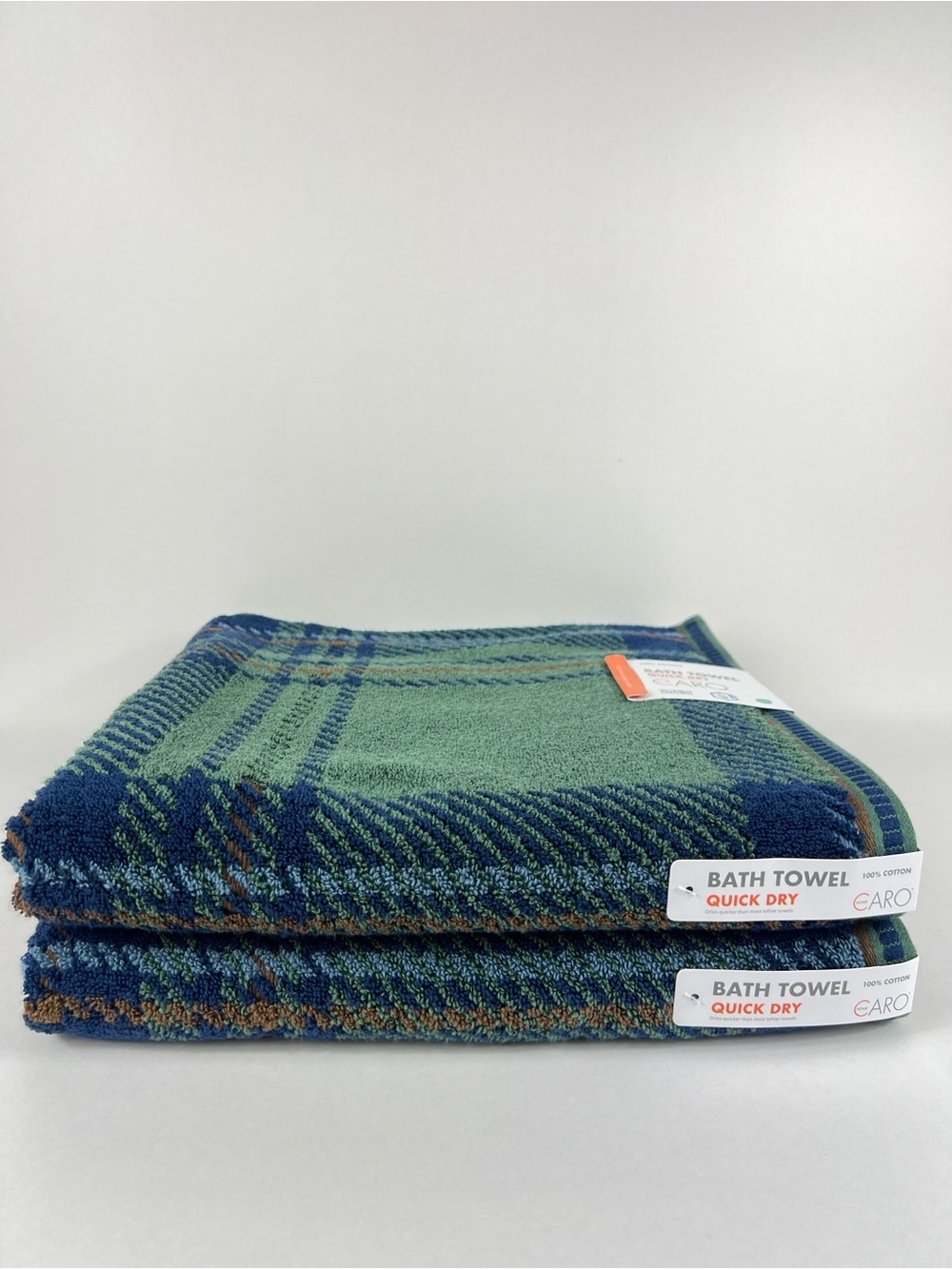 Caro Home Bath Towels Green Navy  Rust Plaid Quick Dry Soft Cotton 2 Pc NEW